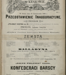 Afisz inaugurujący spektakl Zemsta w dawnym Teatrze Miejskim, obecnie w Teatrze Słowackiego w Krakowie. Afisz jest pożółkły, zawiera rycinę z nazwą Teatru i tekst dotyczący obsady sztuki.