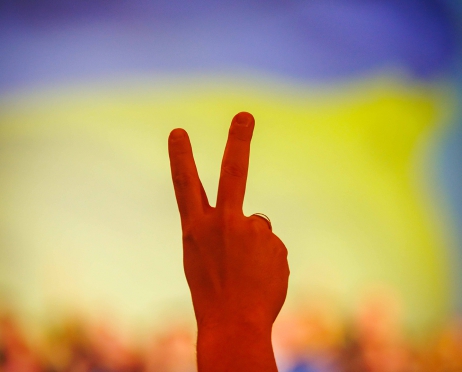 W centralnej części dłoń kobiety. Palce ułożone ma jako znak Victorii, symbol zwycięstwa. Zdjęcie jest w ciepłych kolorach. Dłoń kobiety jest delikatna. Tłem jest rozmazana flaga Ukrainy. W górnej części poziomy pasek koloru niebieskiego w dolnej części poziomy pasek koloru żółtego.
