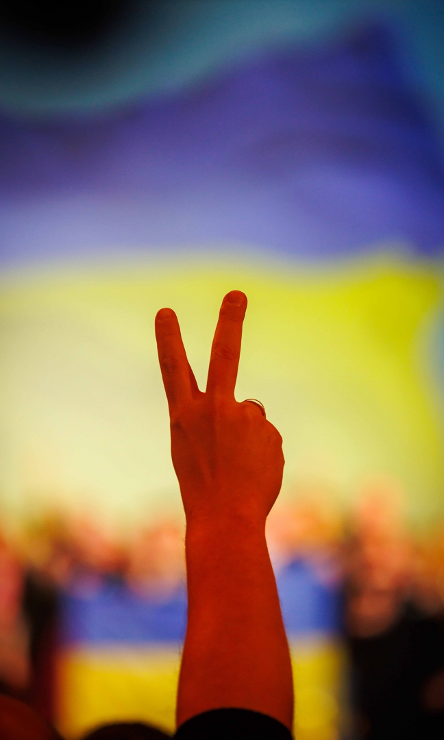 W centralnej części dłoń kobiety. Palce ułożone ma jako znak Victorii, symbol zwycięstwa. Zdjęcie jest w ciepłych kolorach. Dłoń kobiety jest delikatna. Tłem jest rozmazana flaga Ukrainy. W górnej części poziomy pasek koloru niebieskiego w dolnej części poziomy pasek koloru żółtego.