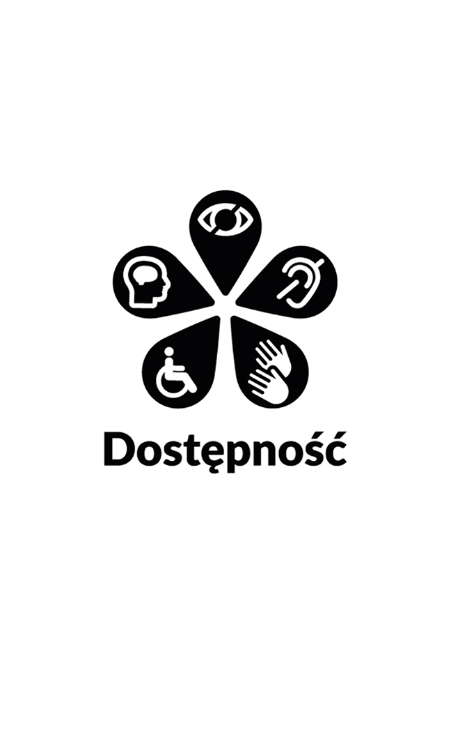 Logo Projektu Małopolska Kultura Wrażliwa. Na białym tle czarne piktogramy w kształcie kwiatka z pinami. W każdym z pinów jest graficzny symbol dotyczący danej niepełnosprawności.