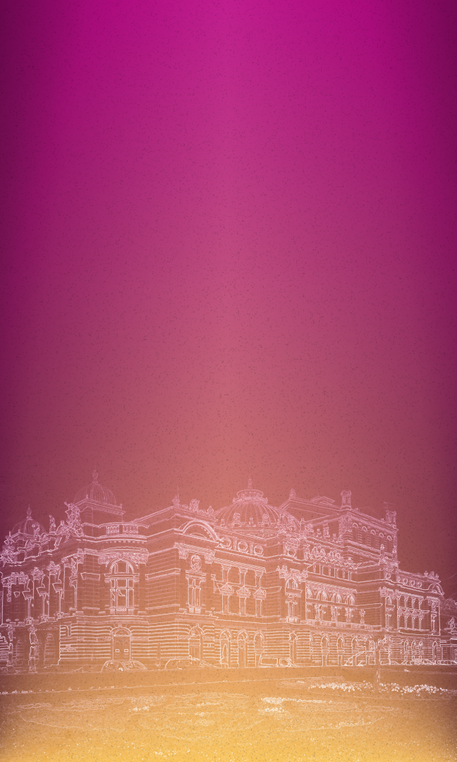 Zdjęcie przedstawia plakat. W dolnej części  na środku zarys budynku Teatru im. Juliusza Słowackiego w Krakowie. Budynek jest narysowany białą kredką. Plakat jest minimalistyczny, prosty. Dominują dwa kolory biały i fioletowy. Tło jest jasno  fioletowe.