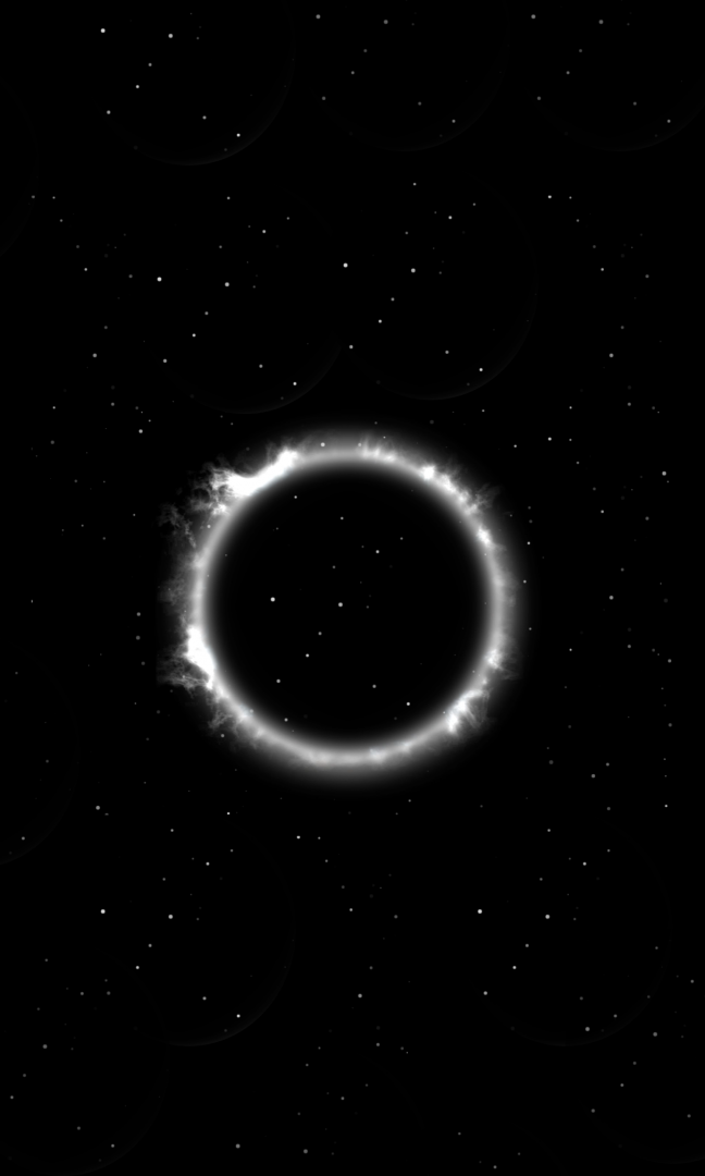 Grafika. Na czarnym tle drobne białe kropki przypominające galaktykę. Na środku jasny okrąg o nieregularnych kształtach przypominających promienie słoneczne.