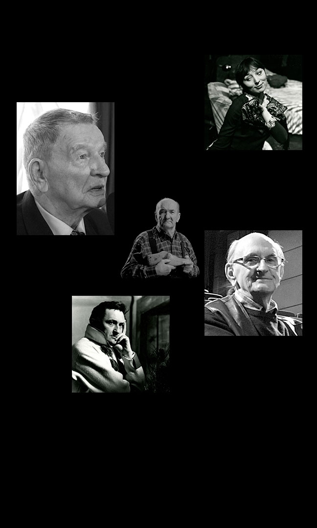 Na czarnym tle 5 rozrzuconych kwadratowych, czarno-białych portretów aktorów - czworo starszych mężczyzn i jedna kobieta.