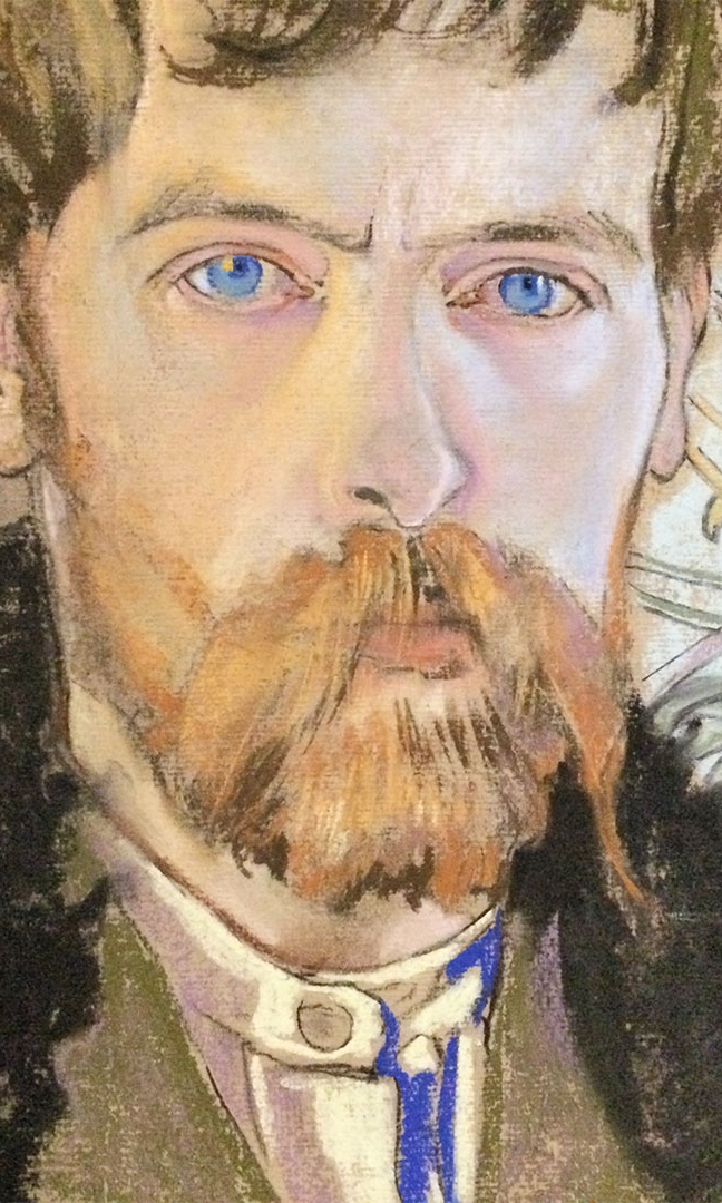 Obraz, portret Stanisława Wyspiańskiego, malowany pastelami. Wyraźne błękitne oczy, rudy zarost, blada twarz.