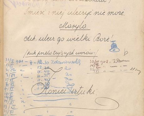 Zdjęcie strony rękopisu ze scenariusza „Dziadów”. Kartka jest pożółkła, lekko pomarszczona, stara. Oprócz fragmentu dzieła zapisanegokaligraficznym pismem pojawiają się dodatkowe opisy. To ostatnia strona scenariusza. Na niej zapiski suflera, niebieską kredką odnotowane daty kolejnych przedstawień „Dziadów” od 31 października 1901 do 25 sierpnia 1902 oraz podpis – nazwisko suflera: Borsuk.