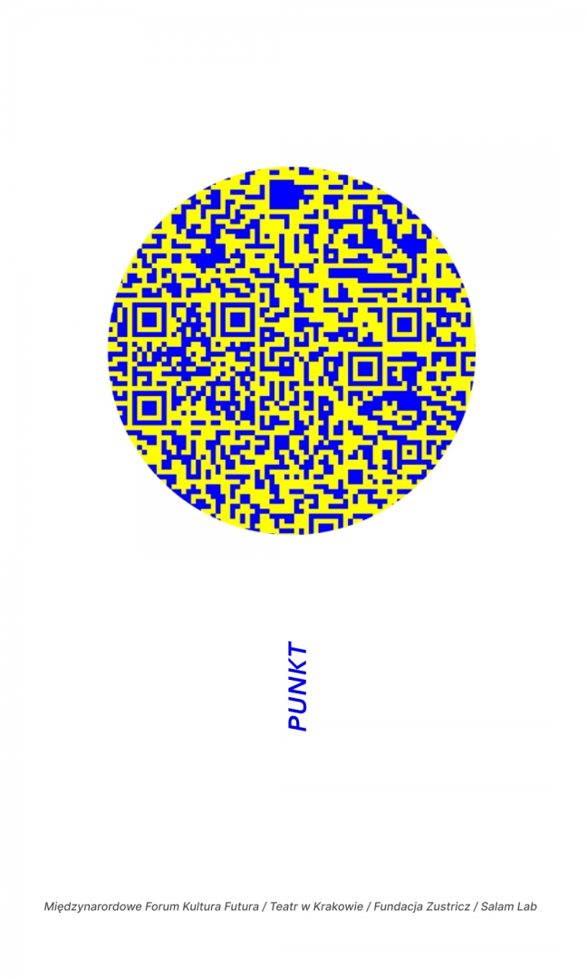 Na białym tle koło wypełnione QR kodem w kolorze niebiesko-żółtym. Pod nim pionowo niebieski napis PUNKT