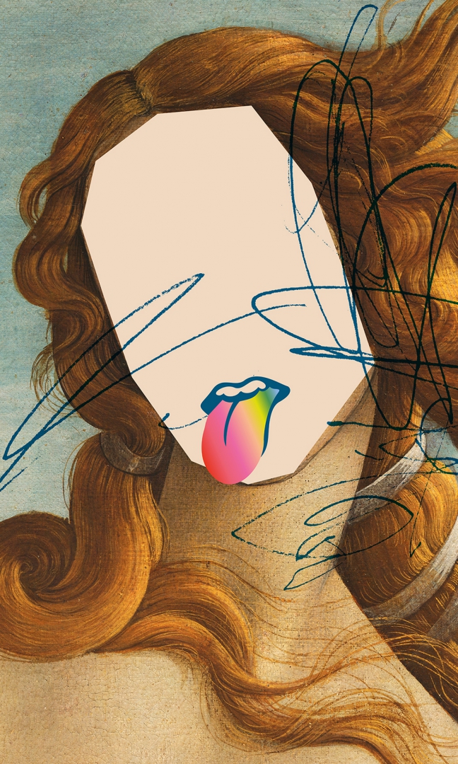 Grafika inspirowana postacią z obrazu “Narodziny Wenus” Botticelliego. Kobieta bez twarzy, z długimi, falowanymi rudymi włosami. Kobieta wytyka język, który jest w kolorach tęczy. Twarz jest pomazana jakby długopisem w nieregularne mazgaje. Grafika ma żywe kolory, jest bardzo ekspresyjna.