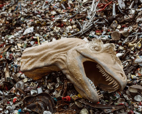 Na zdjęciu szyja i łeb dużego, plastikowego smoka leżąca na metalowym złomie. Smok jest groźny, ma otwartą paszczę i widoczne kły. Złom jest wielokolorowy, są to głównie zgięte puszki i zardzewiałe i zdeformowane przedmioty.