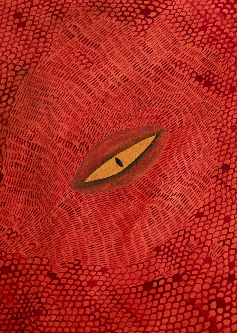 Plakat do spektaklu „Smok”. Całość plakatu to w dużym zbliżeniu rysunek oka smoka na tle czerwonych łusek. Oko jest żółte, wąskie i podłużne, w środku ma czarną kropkę. Całość sprawia niepokojące wrażenie.