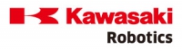 Logo Kawasaki. z lewej strony logotypu duża i szeroka litera K w czerwonym kolorze. Po prawej stronie czerwony napis “Kawasaki” gdzie K jest wielką literą. Po prawej stronie pod napisem Kawasaki napis czarnym fontem “Robotics” gdzie R jest wielką literą.