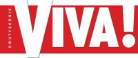 Biały napis na czerwonym tle “Viva”. Litery grube, klasyczne, pierwsza litera V jest większa i wystaje poza obręb logotypu. Na końcu biały wykrzyknik. Z lewej strony litery V wzdłuż pierwszej kreski litery drobny napis “magazyn viva”.