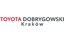 Logotyp to napis Toyota Dobrygowski, pisany razem, na białym tle. Toyota pisana na czerwono, Dobrygowski pisane na szaro. Litery są drukowane. Wyrazy są tej samej wielkości.