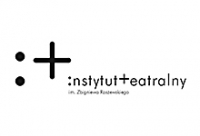 Logotyp w kształcie prostokąta, czarne napisy na białym tle. Od lewej duże znaki graficzne: dwukropek i plus oraz mniejszy dopisek ”instytut teatralny”