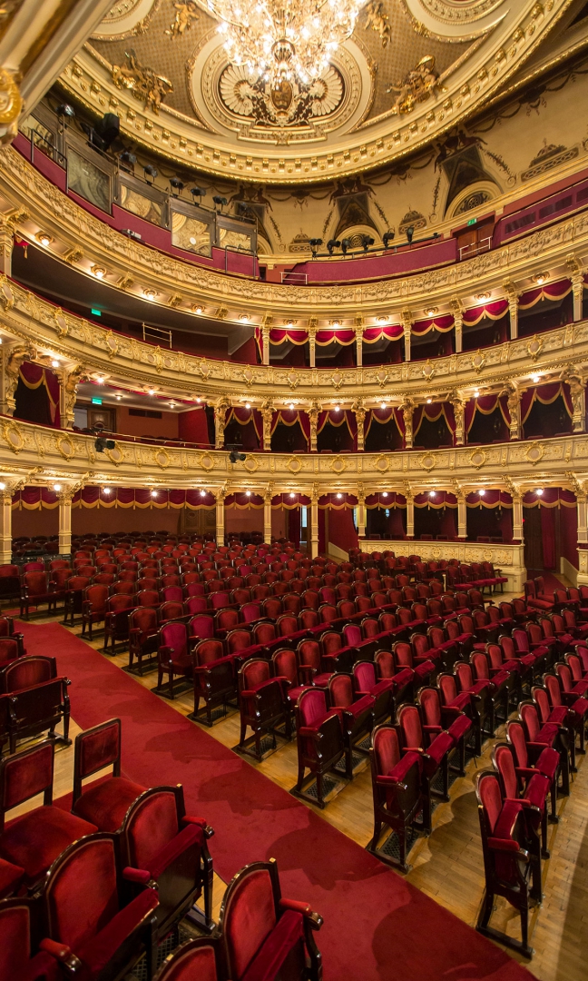 Na fotografii widownia Dużej Sceny Teatru im. Juliusza Słowackiego w Krakowie. Widownia  jest zdobiona złotymi elementami, składa się z parteru i trzech pięter. Na parterze ustawiono kilkanaście rzędów czerwonych foteli. Dwa piętra składają się z ozdobnych balkonów, podzielonych na małe loże, ale w centralnej części na obu piętrach znajduje się jedna duża loża. Na trzecim piętrze nie ma lóż ani miejsc siedzących, tylko głowy reflektorów i oszklona kabina. U sufitu wisi ozdobny, złoty żyrandol. Widownia jest pusta.