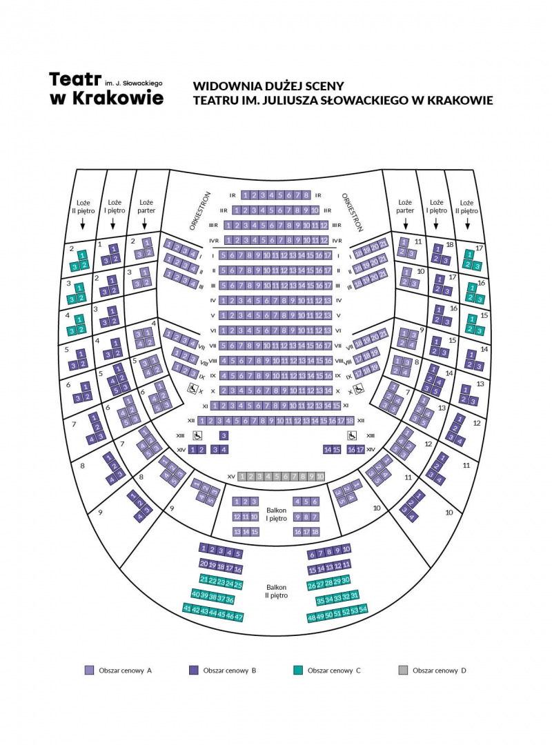 Grafika prezentująca rozmieszczenie miejsc dla widzów względem sceny. Kolorami oznaczono strefy cenowe biletów. W górnej części znajduje się logotyp teatru oraz napis na białym tle: Widownia Dużej Sceny Teatru im. Juliusza Słowackiego w Krakowie.